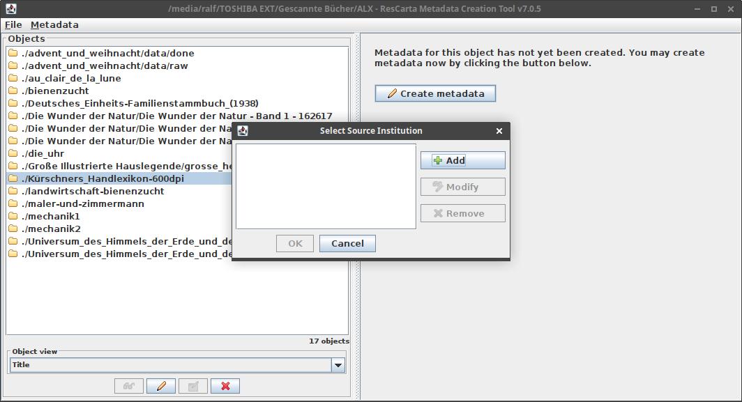 ResCarta Metadata Creation Tool - Select Source Institution
